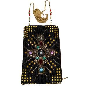 Mary Frances Brown Gold Beaded Cross Phone Bag Handbag Purse Crossbody Clutch